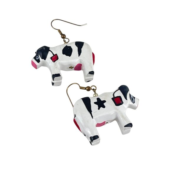 Handcrafted Wooden Cow Earrings Cute Farm Animal Dangle Jewelry Whimsical - Picture 2 of 6
